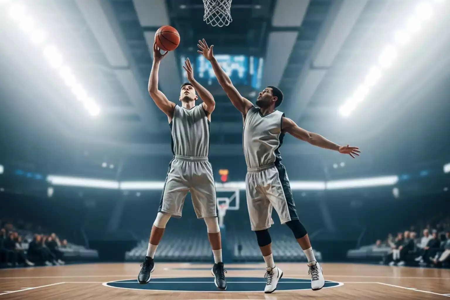 NBA-Spielszene während der Saison 2025/26 in einer gefüllten Arena mit Hartholz-Spielfeld und Spielern in NBA-Trikots